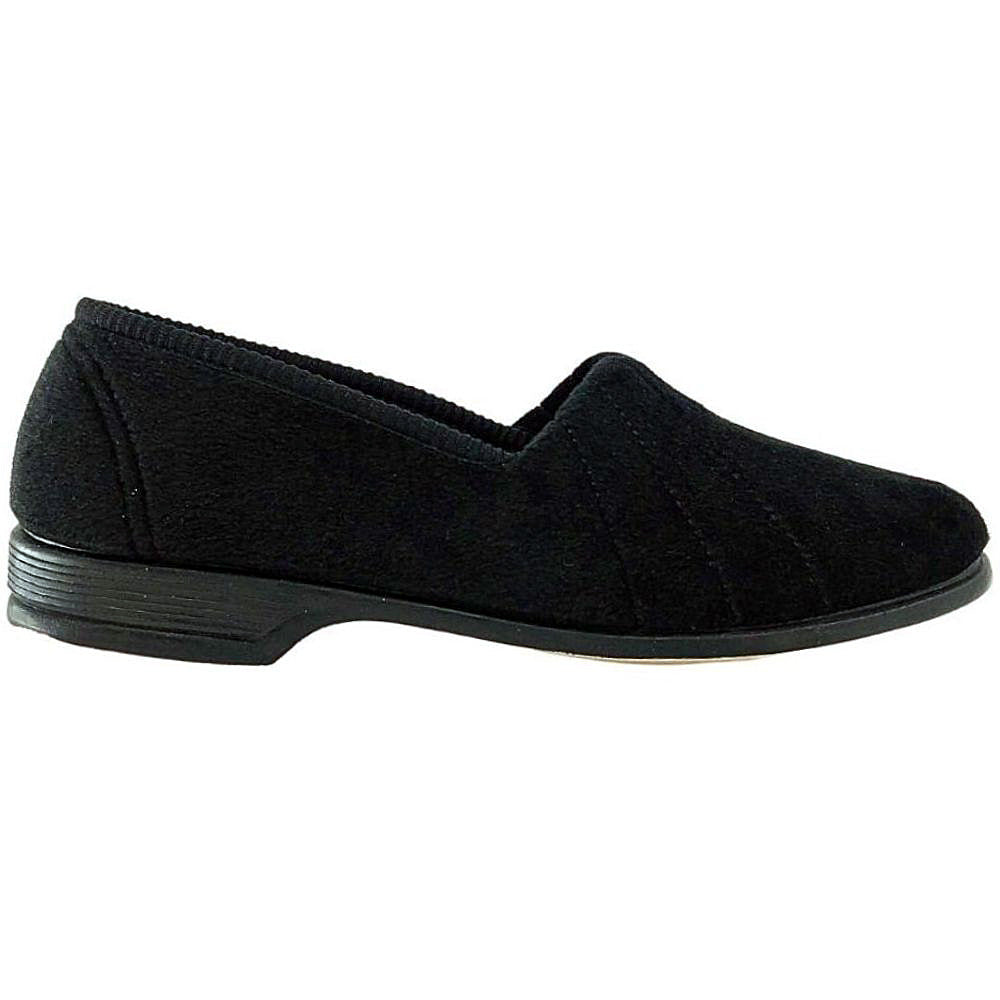Black slip-on slipper shoe on a white background