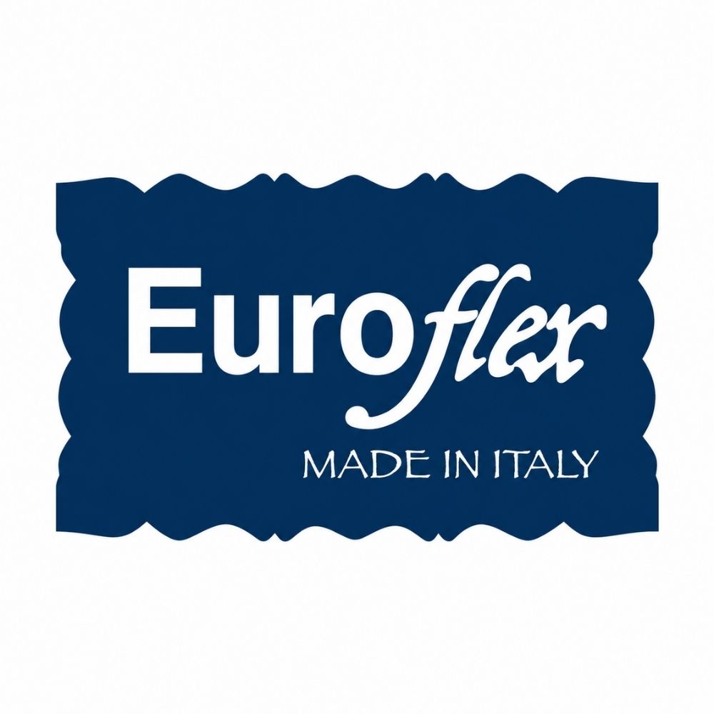 Euroflex text in white with the wording 'Made In Italy', against a navy blue ornate label.