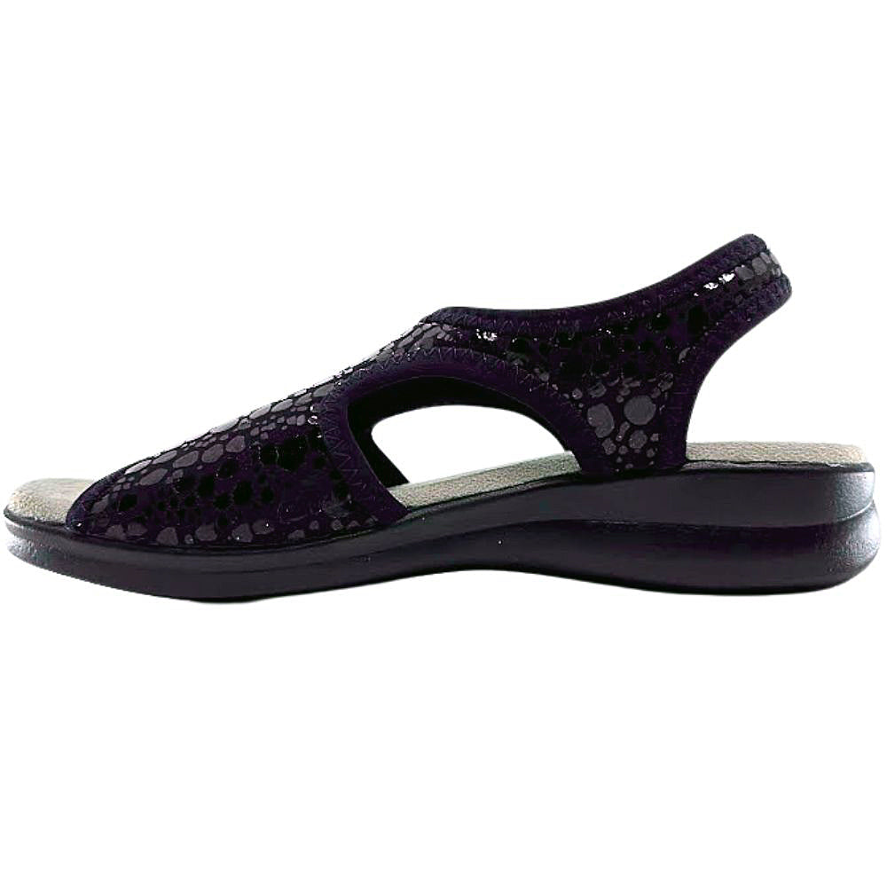 Black textured sandal with open toe design on a white background