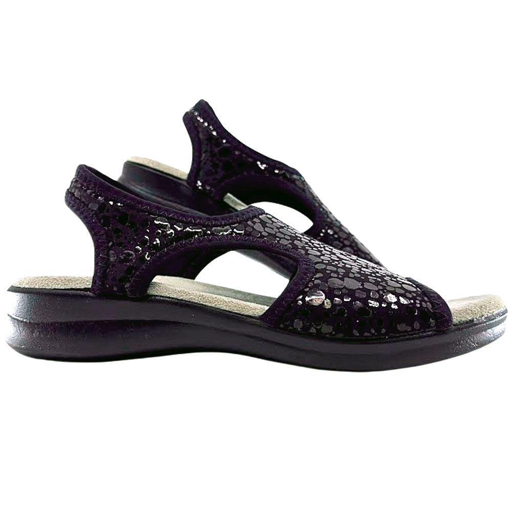 Black textured sandals with a black sole on a white background