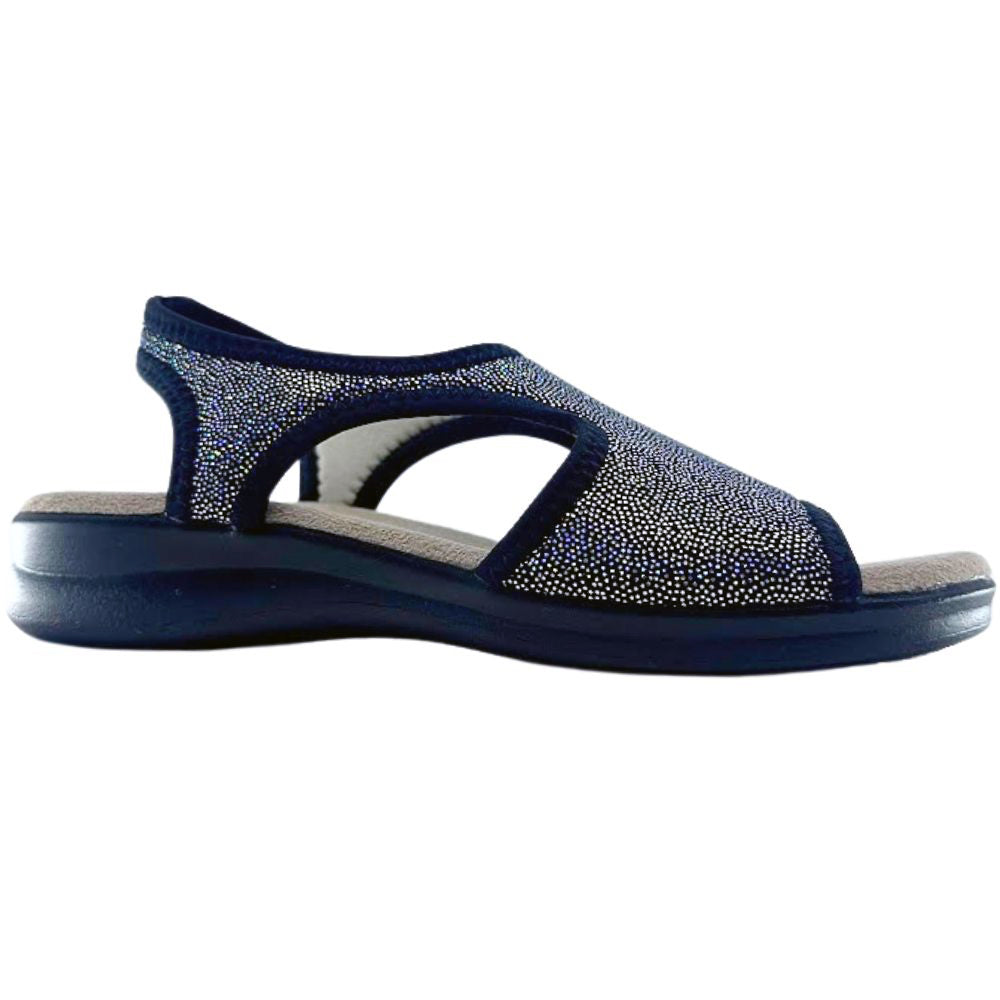 Black sandal with a glittery texture on a white background