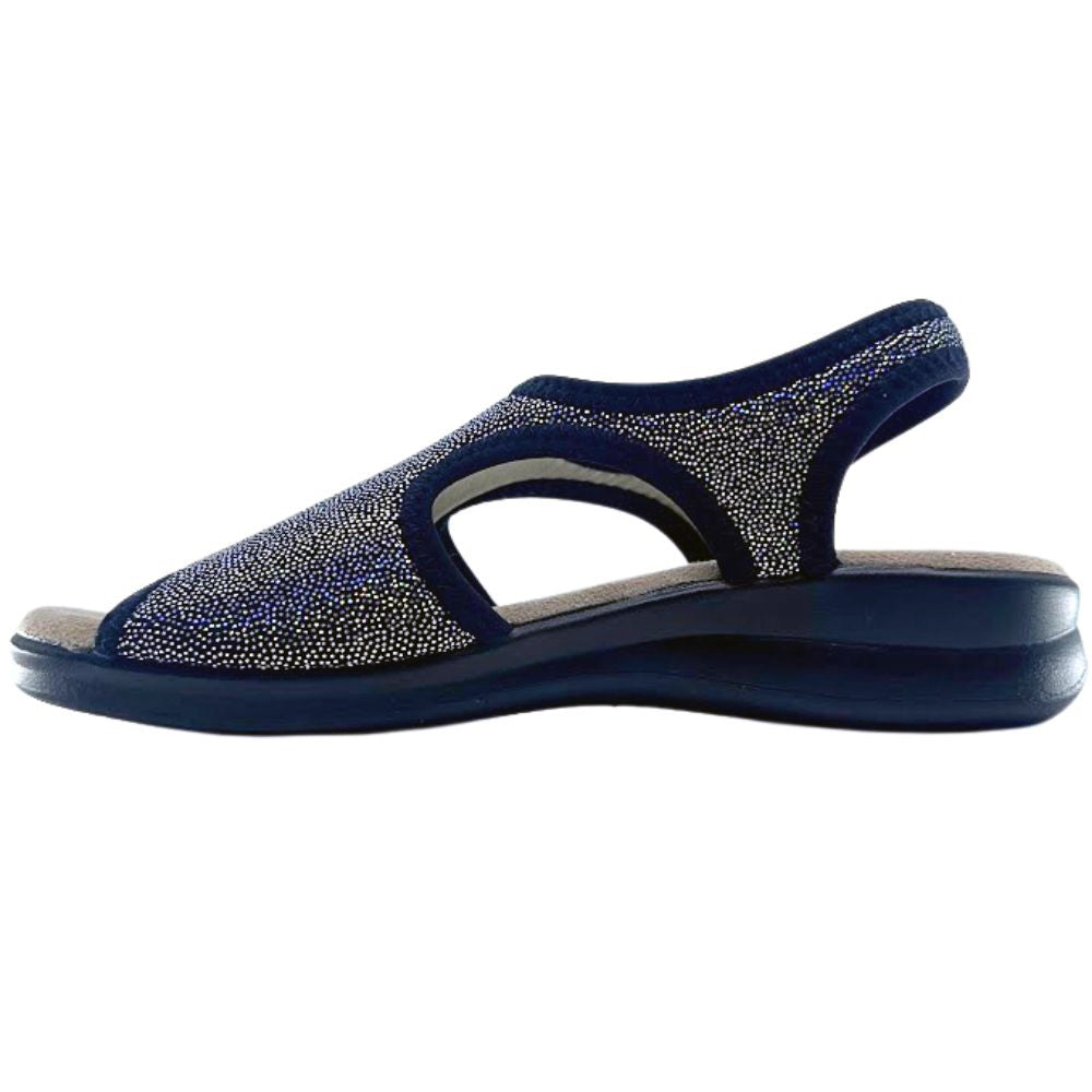 Black sandal with glittery texture on a white background