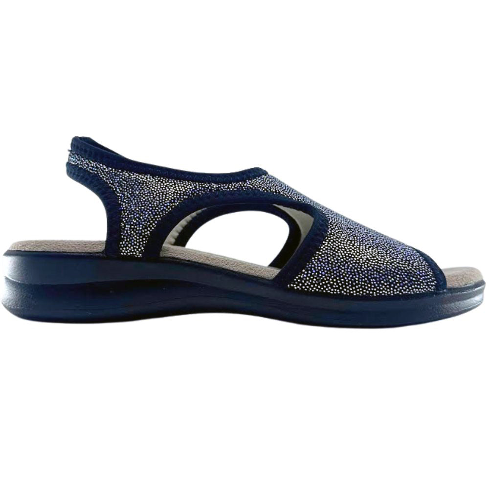 Black sandal with open toe design and glittery texture on a white background