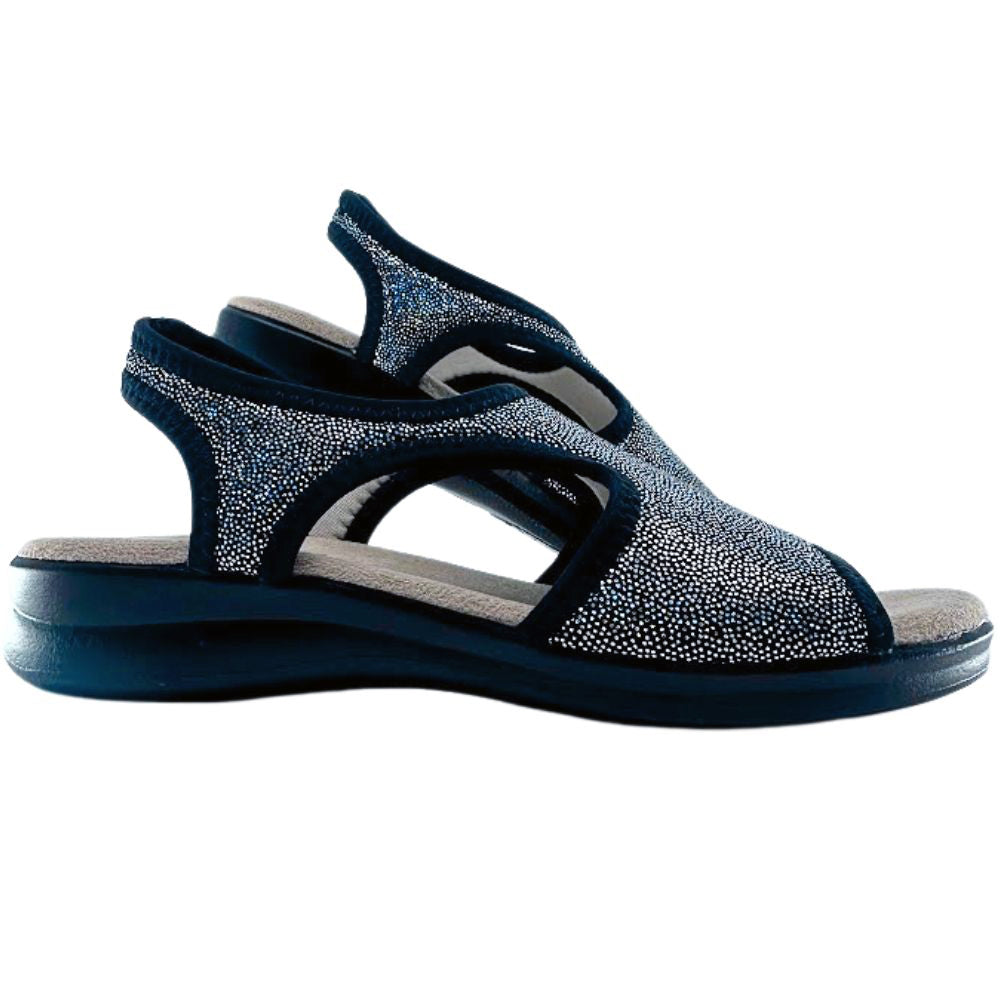 Black sandal with glittery texture on a white background
