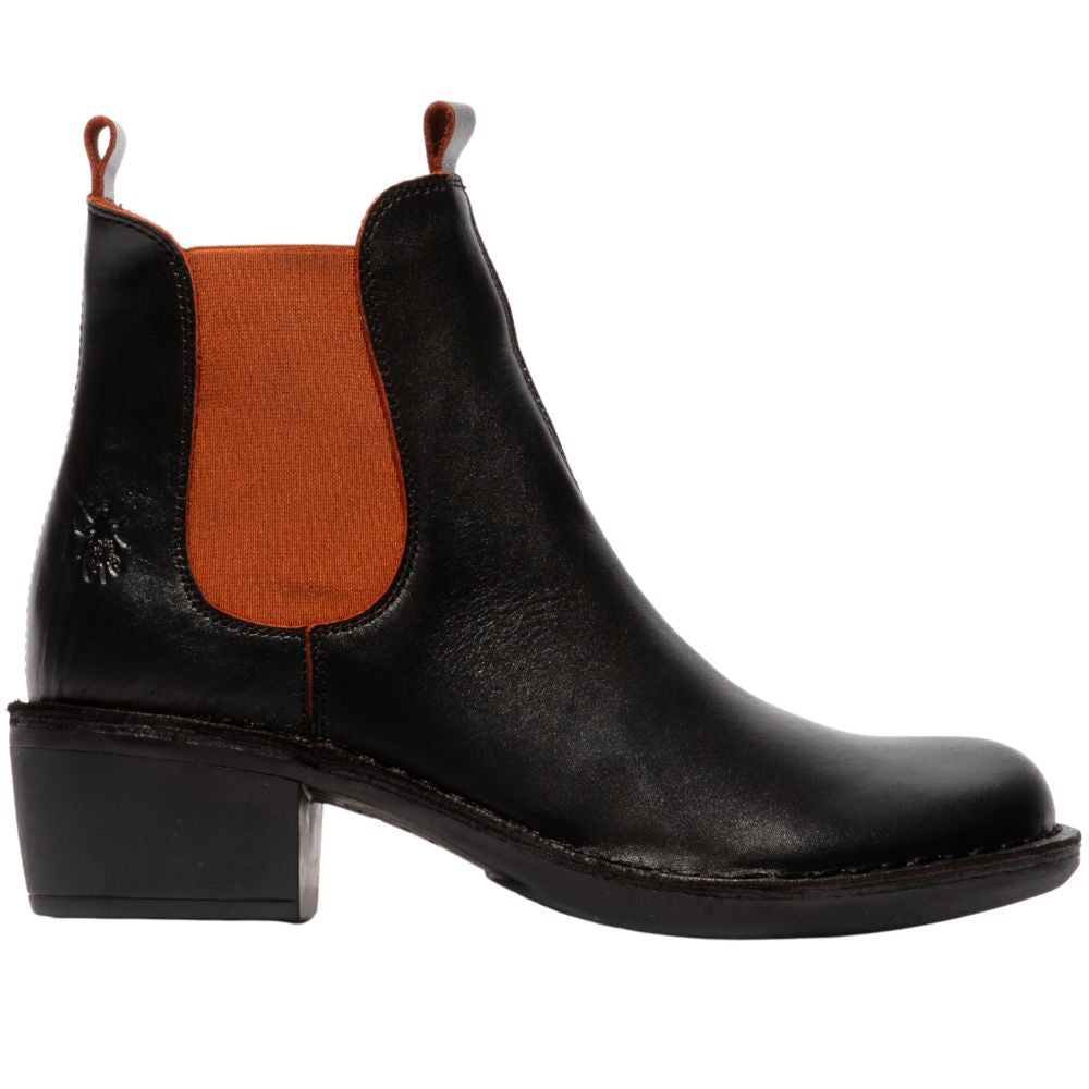 Black leather Chelsea boot with a brick coloured gusset on a white background