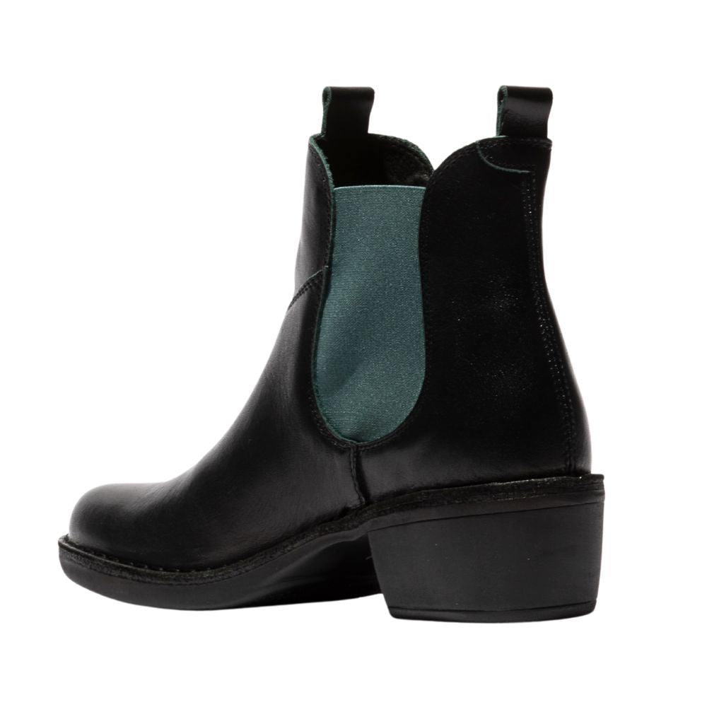 Black Chelsea boots with a teal gusset on a white background