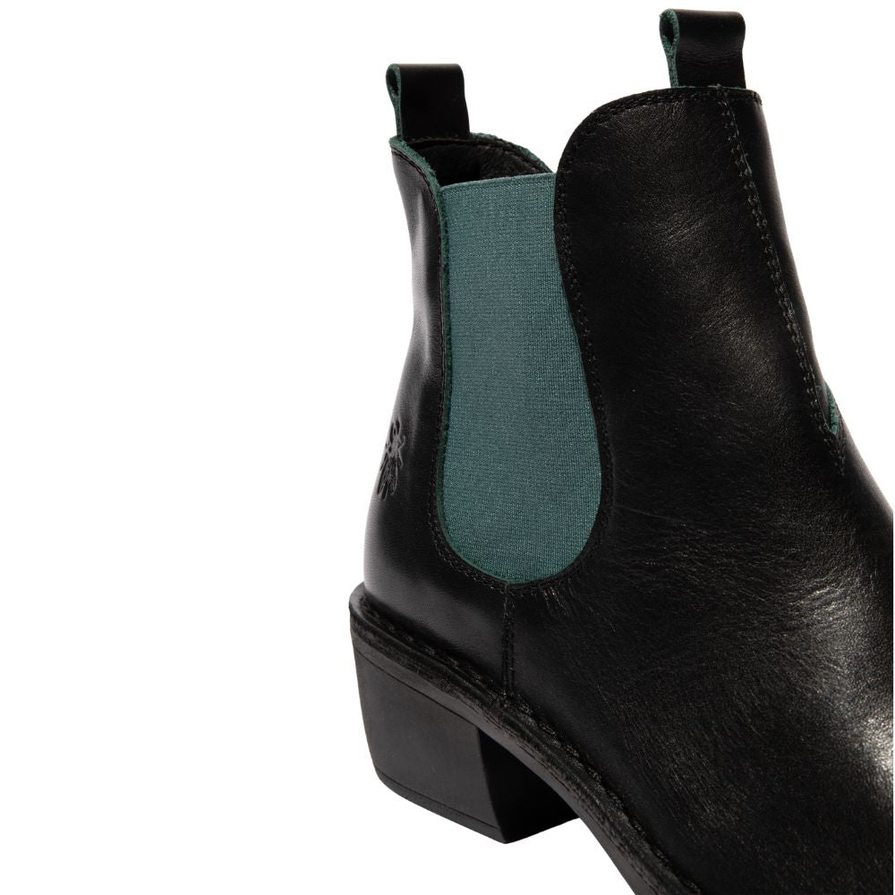 Black leather ankle boot with a teal gusset on a white background