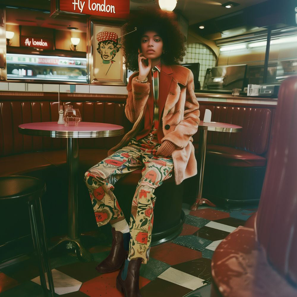 Person sitting in a diner wearing a patterned outfit with a retro ambiance.