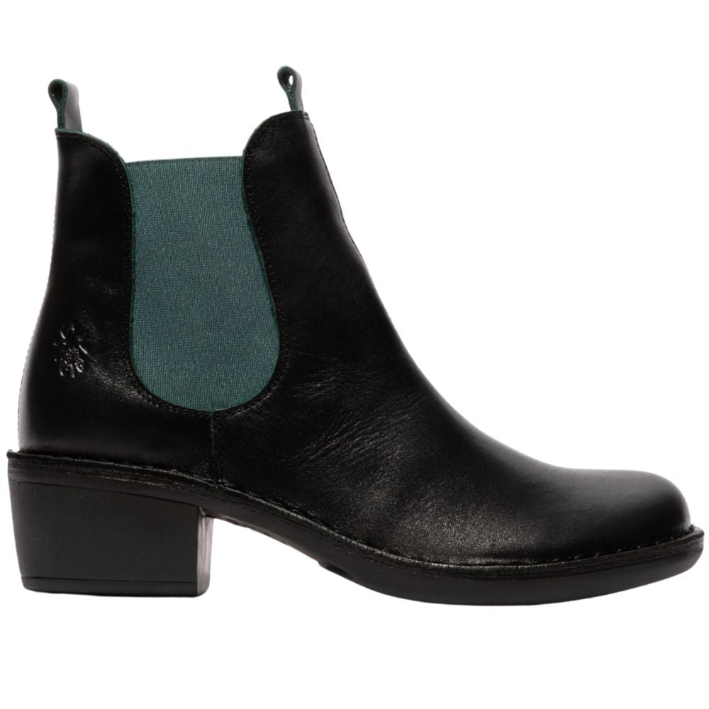 Black Chelsea boot with a teal gusset on a white background