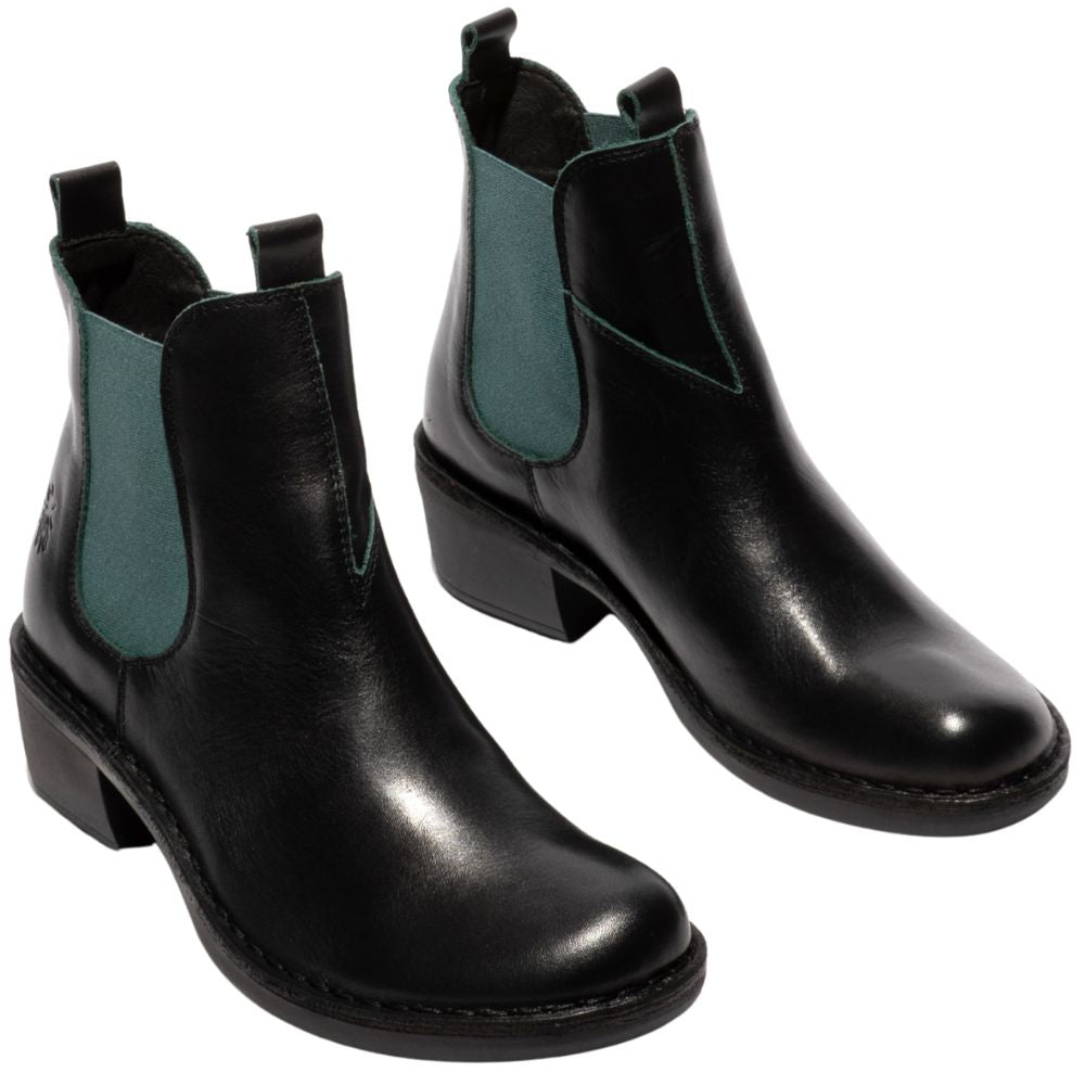Pair of black leather Chelsea boots with teal gussets on a white background