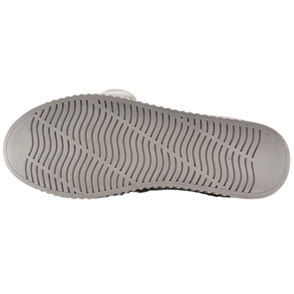 A white rubber outsole of a sneaker with a tread pattern on a white background.