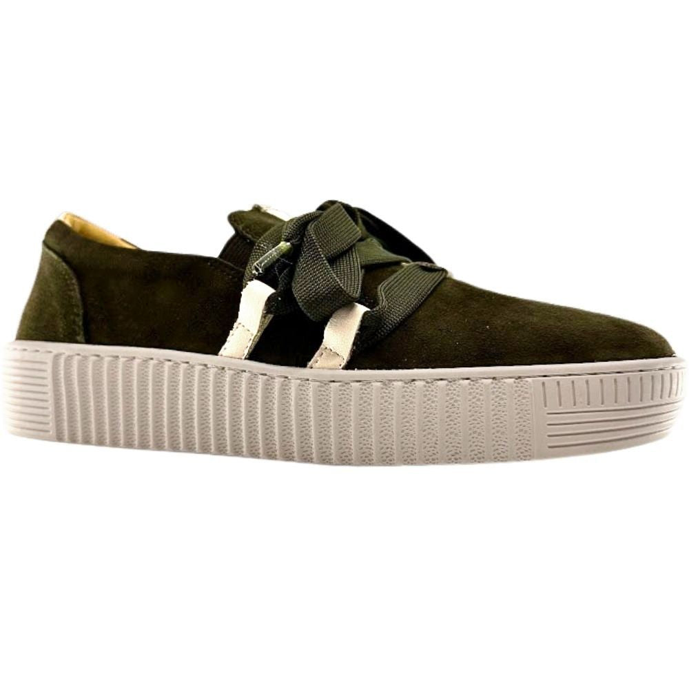 Olive suede leather sneaker with decorative laces and a cleated platform sole on a white background.