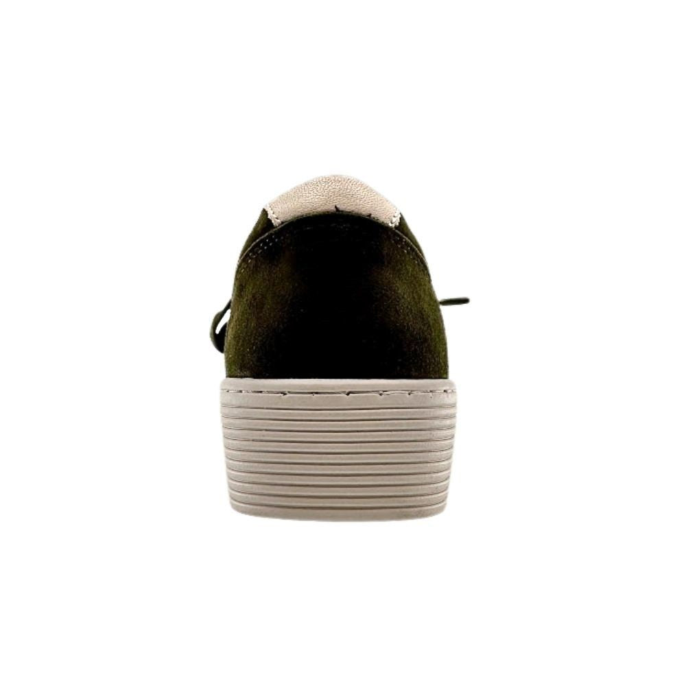 Back of an olive suede leather sneaker with a cleated platform sole on a white background.