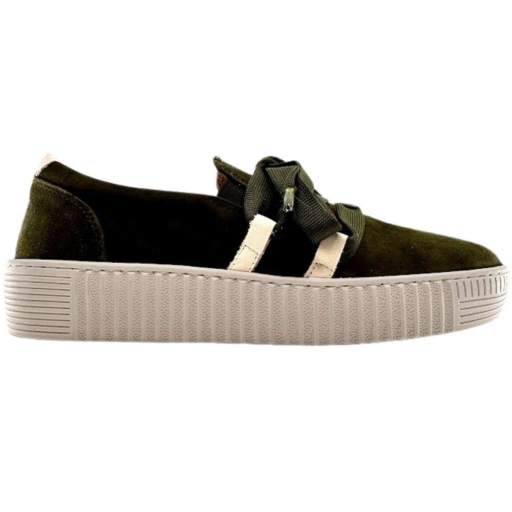 Olive suede leather sneaker with decorative laces and a cleated platform sole on a white background.