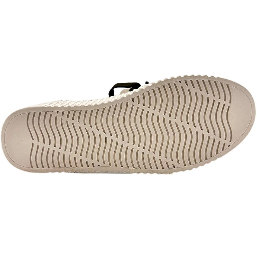 Rubber outsole of a sneaker with a tread pattern on a white background.