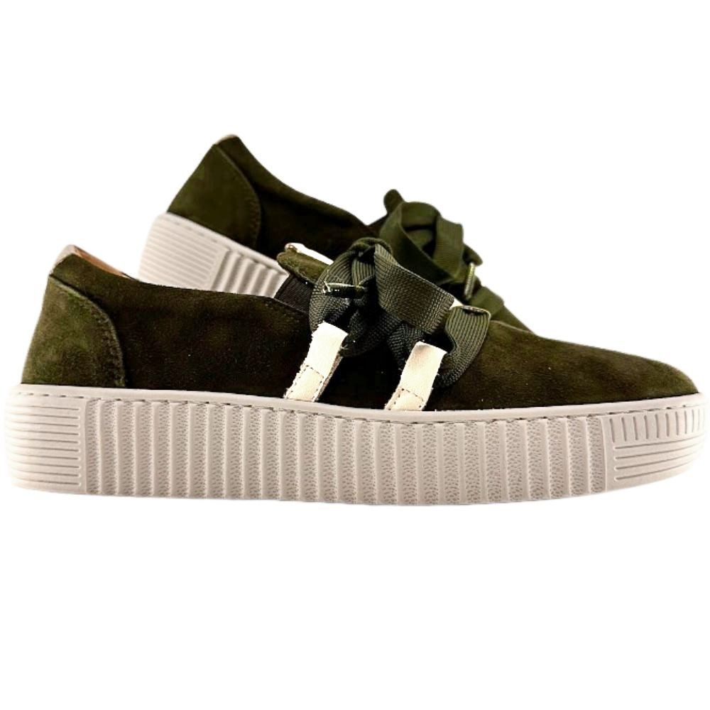 Olive suede leather sneakers with decorative laces and cleated platform soles on a white background.
