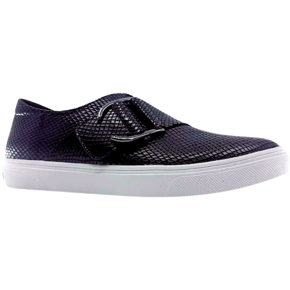 Black textured loafer sneaker with a silver buckle on a white background