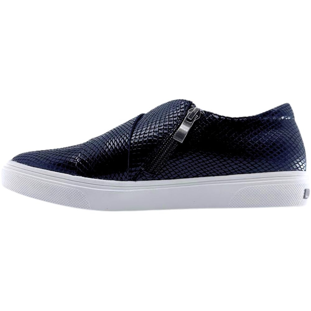 Black slip-on loafer sneaker with a white sole on a white background