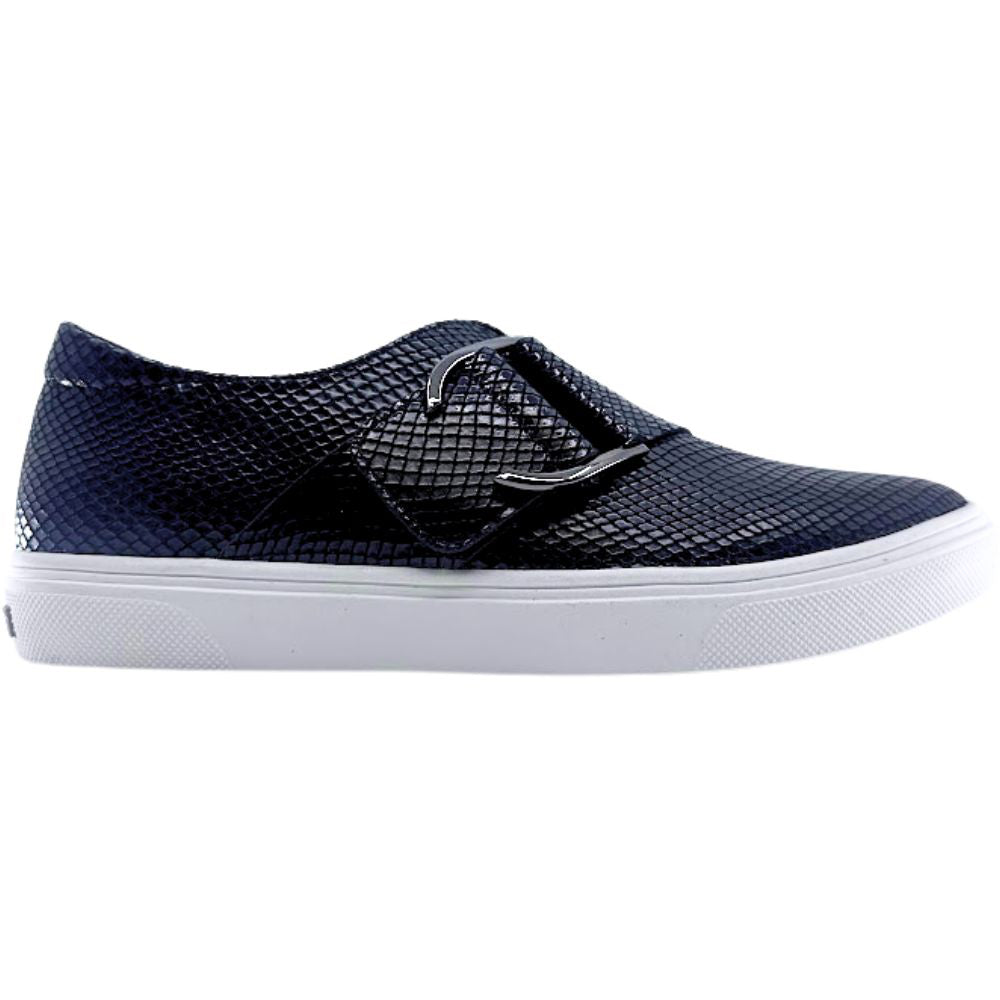 Black textured loafer sneaker with a white sole on a white background