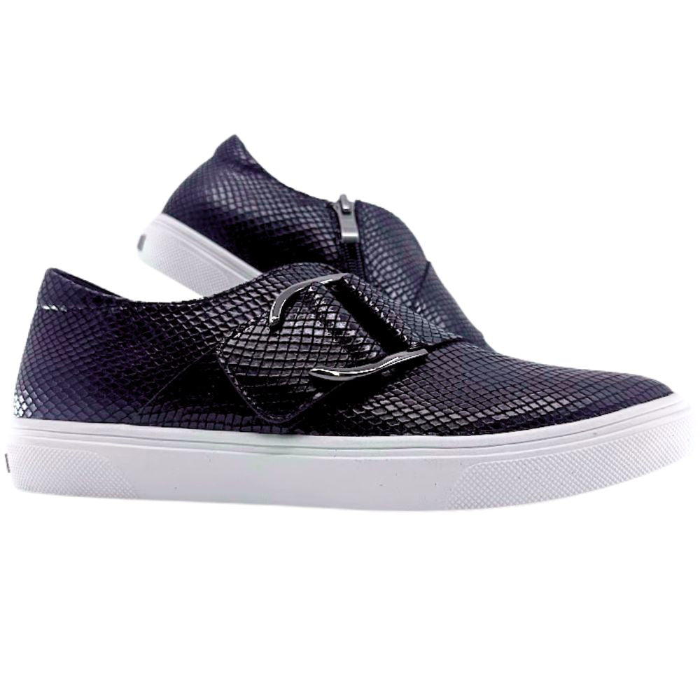 Black loafer sneaker with a silver buckle on a white background