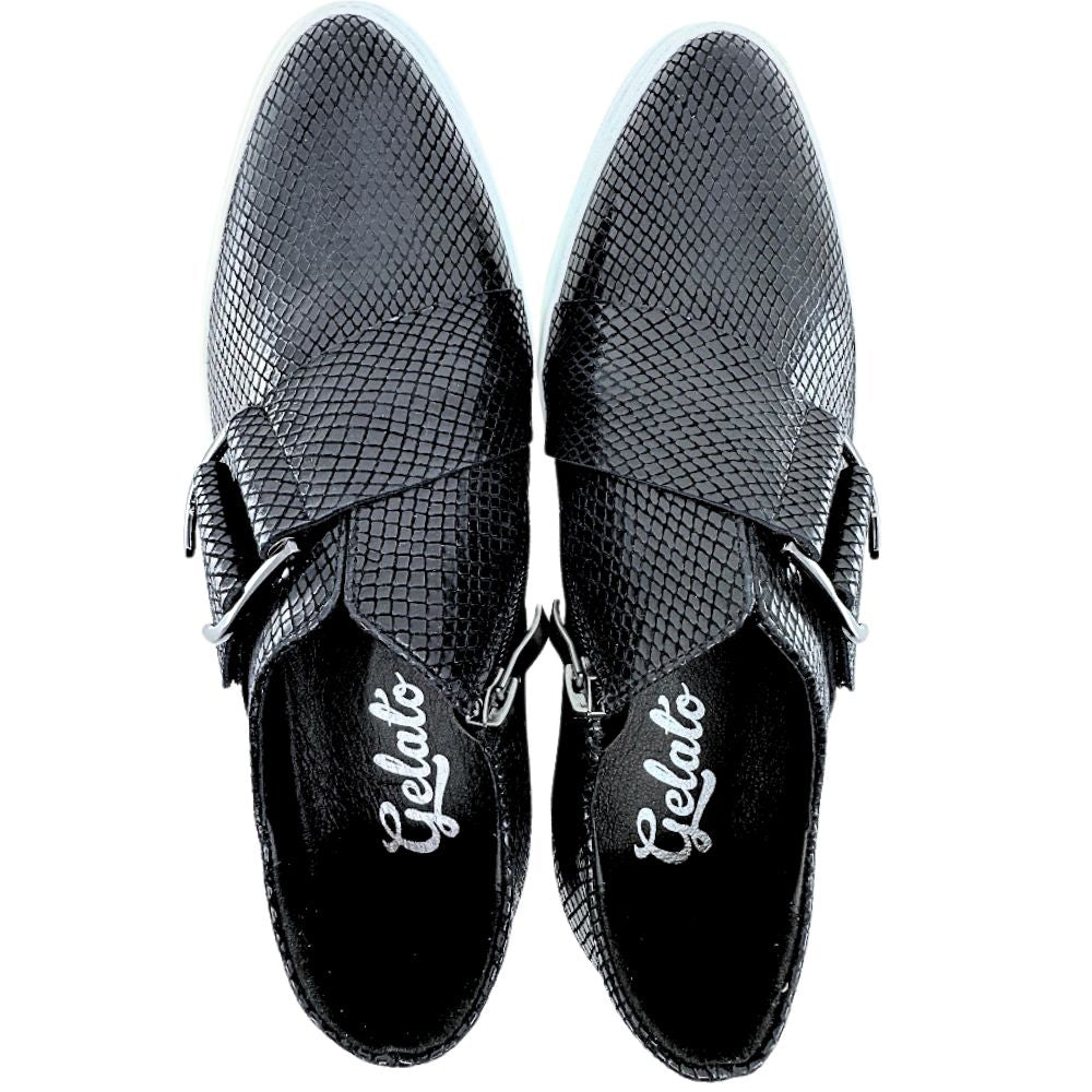 Black textured loafer shoes with 'Gelato' branding on a white background