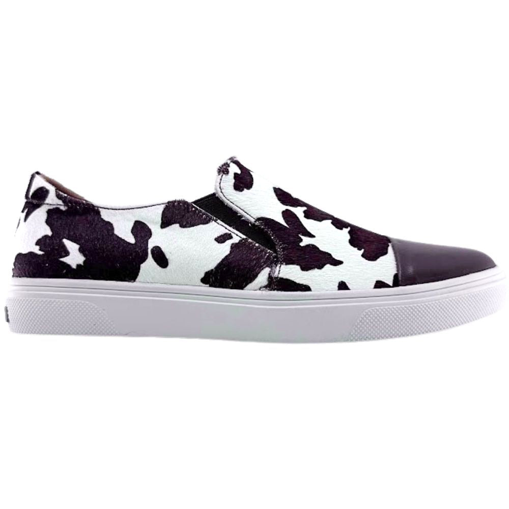 Brown and white cow print slip on loafer sneaker on a white background