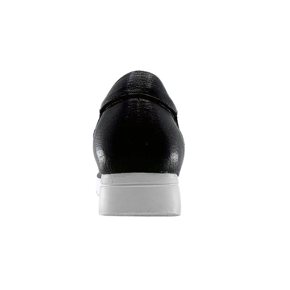 Black shoe with white sole on a white background