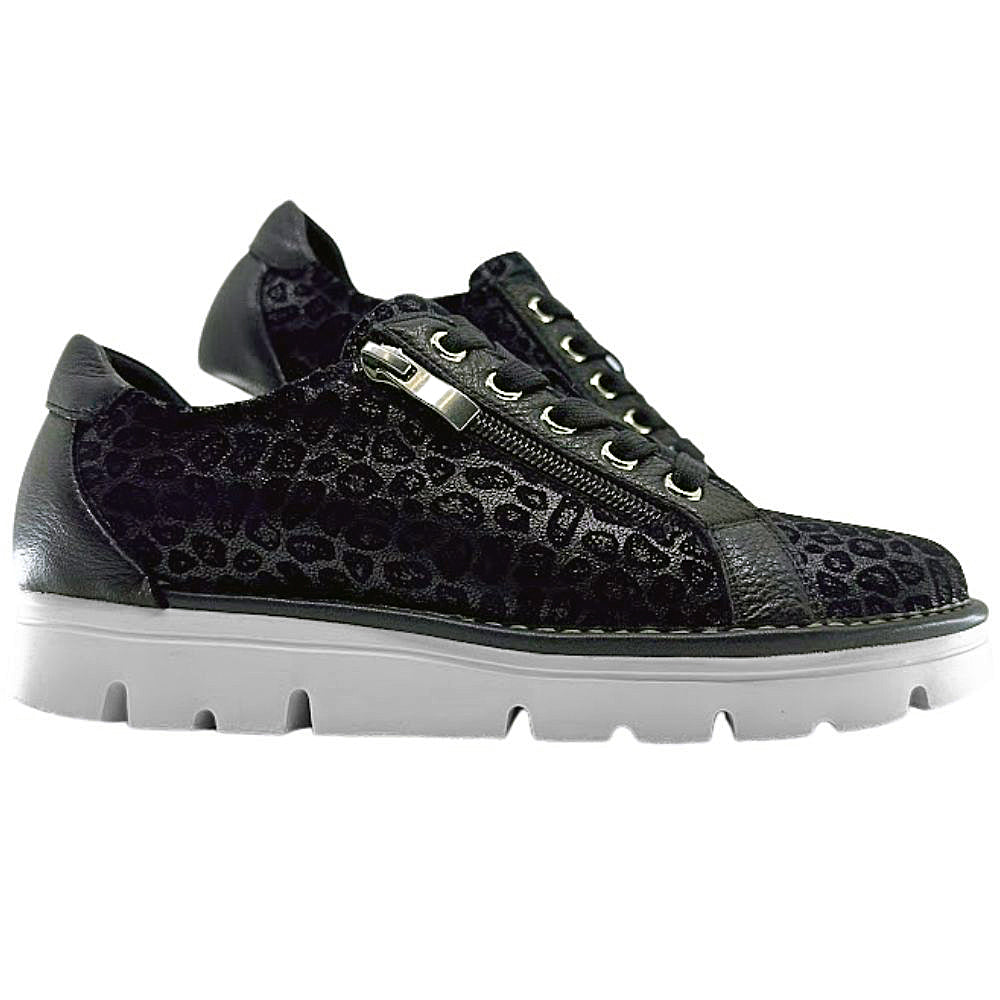 Black leather sneakers with leopard print pattern and side zip entry on a white background