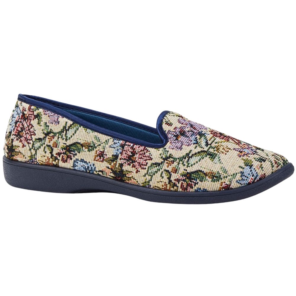 Floral patterned slip-on slipper or house shoe with navy sole on a white background