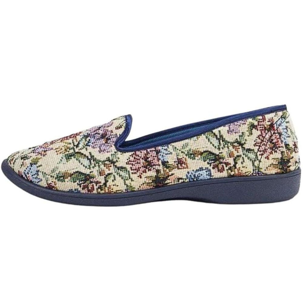 Floral-patterned slip-on house shoe or slipper with a blue sole on a white background