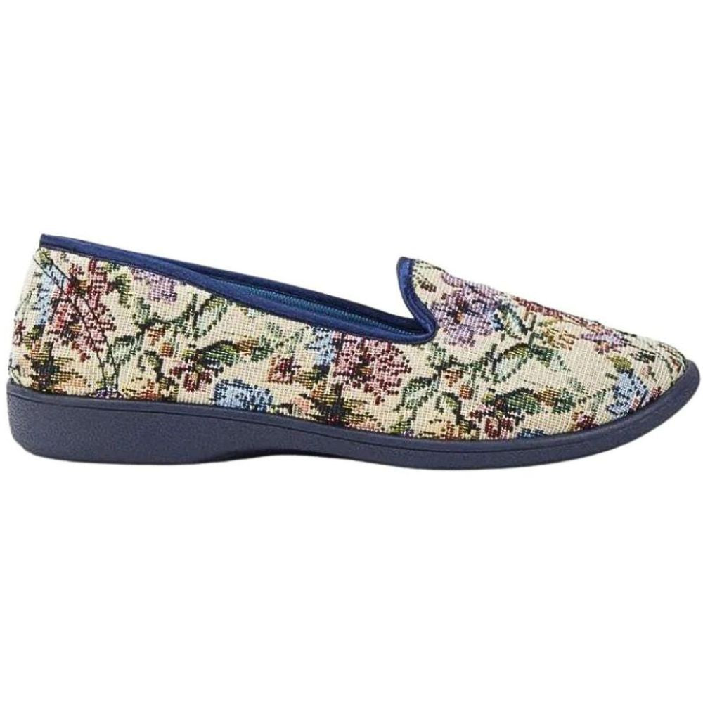 Floral-patterned slip-on slipper or house shoe with navy sole on a white background
