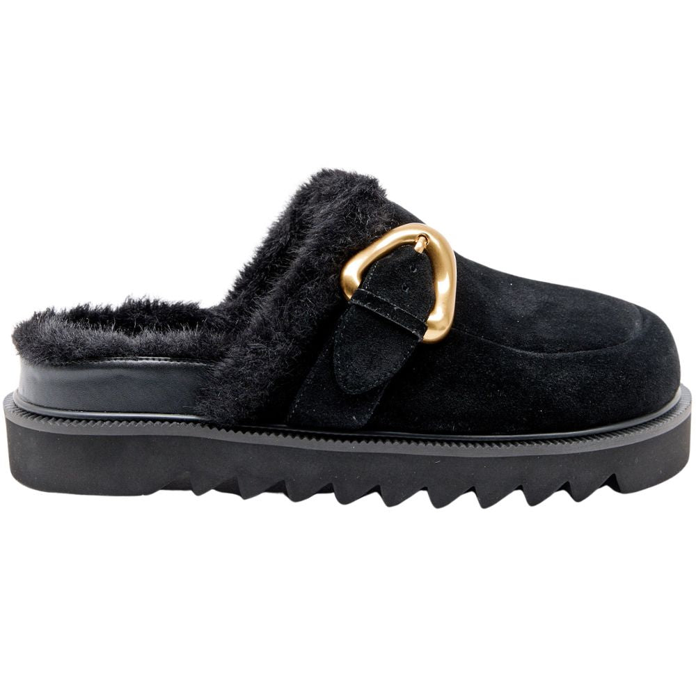 Black suede leather mule with fur lining and gold buckle on a white background