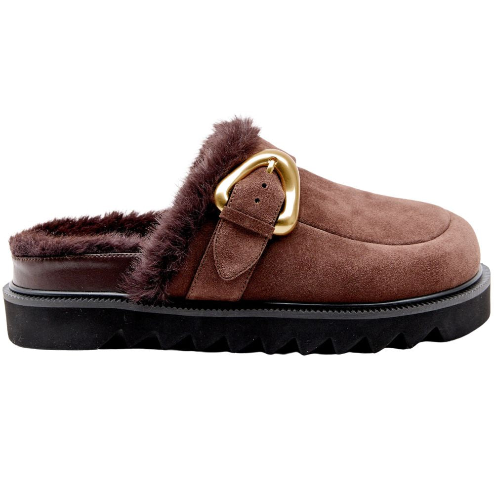 Brown suede mule with fur lining and gold buckle on a white background