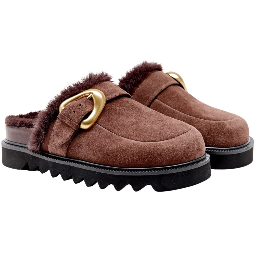Brown suede mule with fur trim and gold buckle on a white background