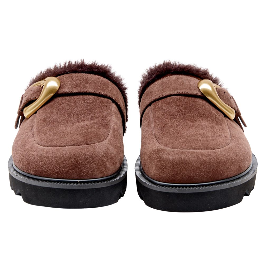 Pair of brown suede mules with gold buckles on a white background