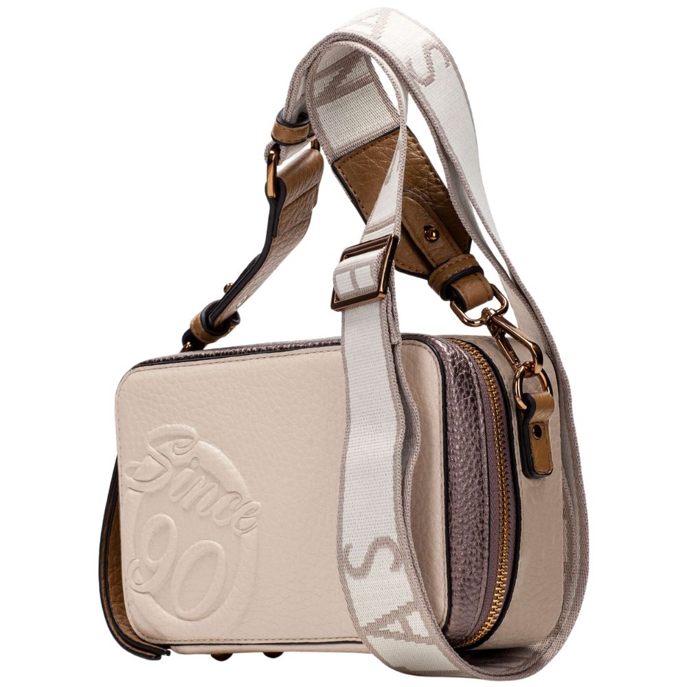 Beige, cream and bronze shoulder bag with white strap and Hispanitas brand logo on a white background