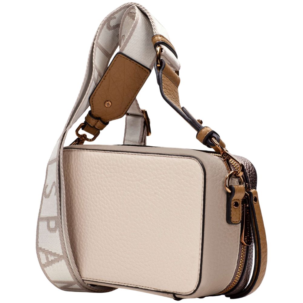 Back of beige, cream and bronze shoulder bag with white strap and Hispanitas brand logo on a white background
