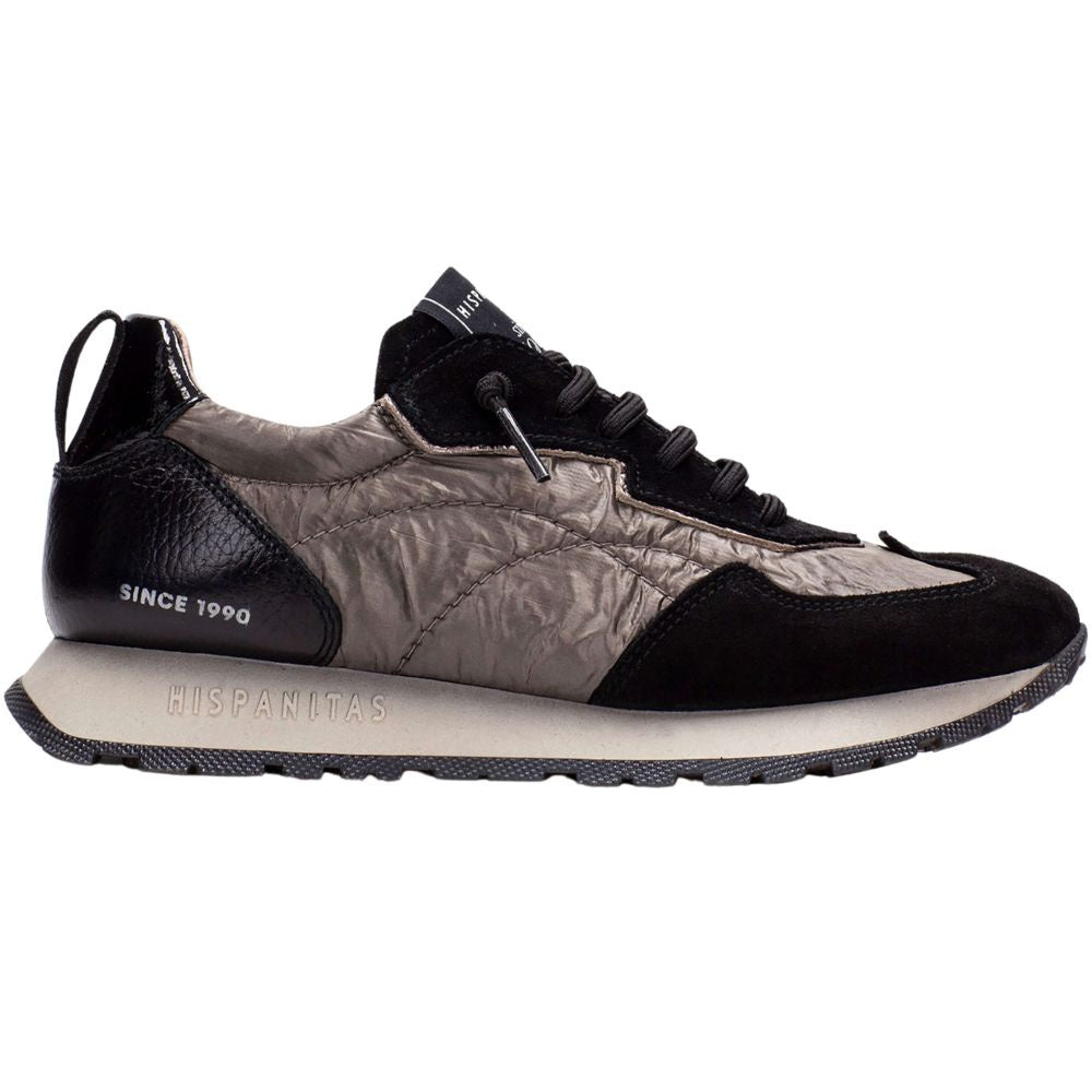 Black and bronze sneaker with 'HISPANITAS' branding on a white background