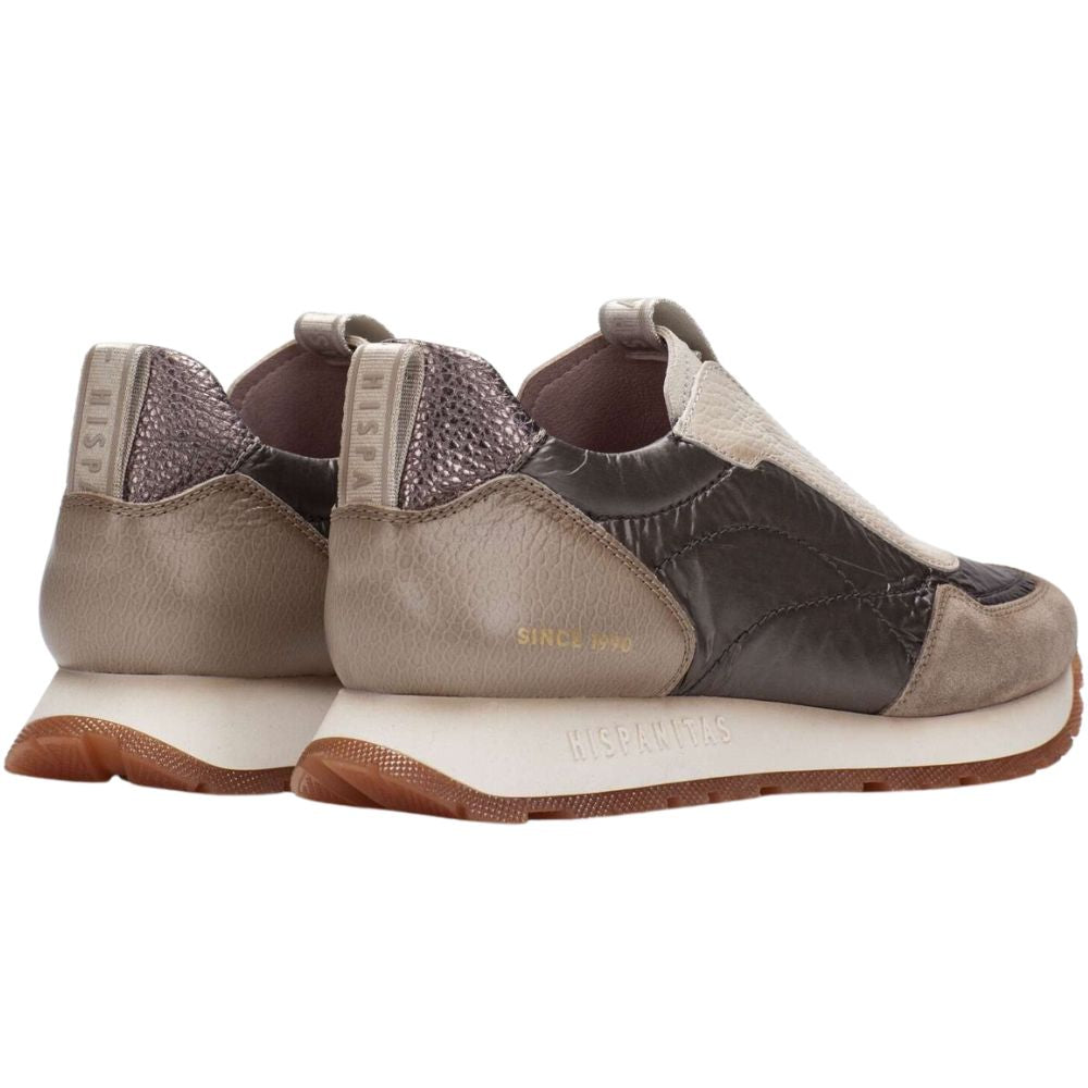 Pair of brown, cream, bronze and beige sneakers on a white background