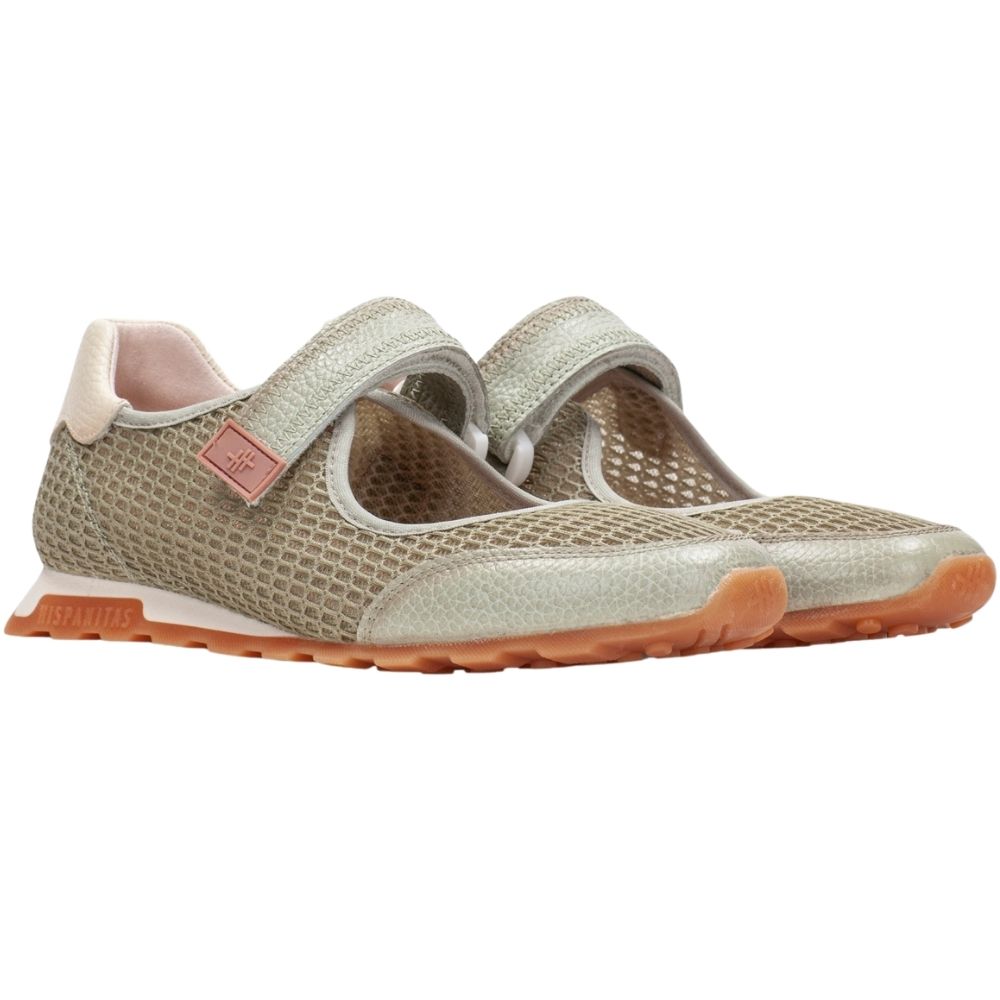 A pair of women's Mary Jane shoes in a light sage textured mesh and leather, featuring hook-and-loop straps, cream heel counters, and tan rubber soles with the brand name 'Hispanitas'.