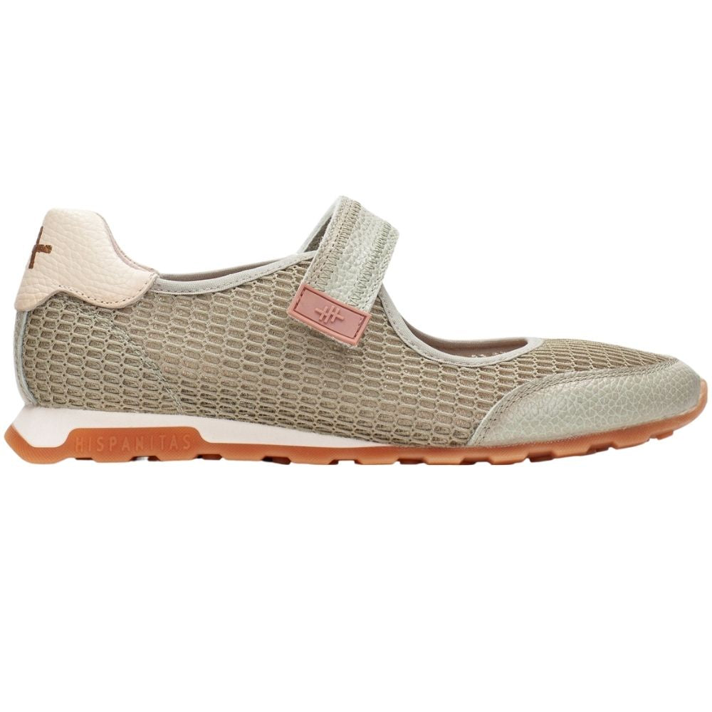 A single women's Mary Jane shoe in a light sage textured mesh and leather, featuring a hook-and-loop strap, a cream heel counter, and a tan rubber sole with the brand name 'Hispanitas'.