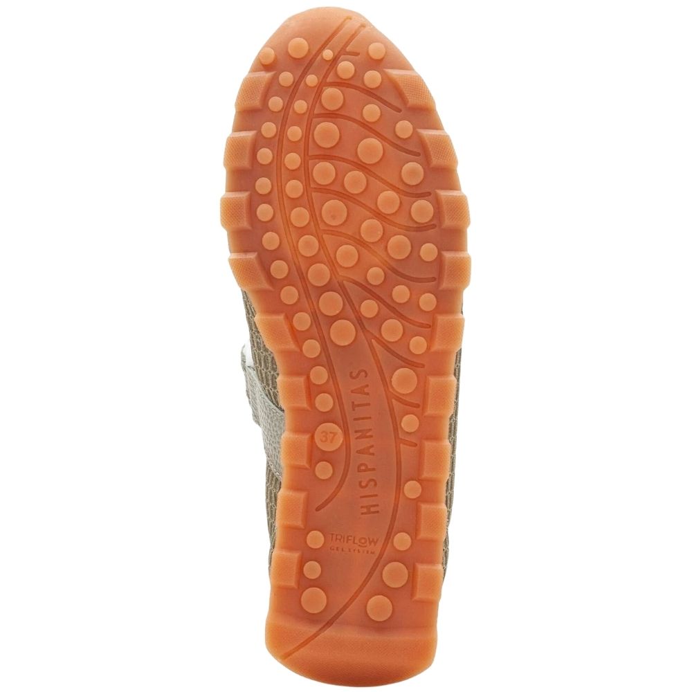 The brown rubber outsole of a shoe, showing the tread pattern and embossed brand name 'HISPANITAS'.