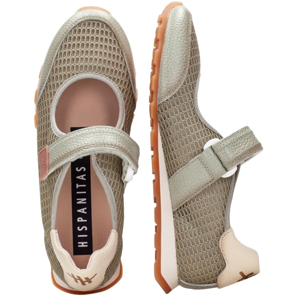 A pair of slip-on Mary Jane style shoes by Hispanitas, shown from the top and side views. The shoes feature a sage mesh and leather upper, a cream heel counter, and a light brown rubber outsole.
