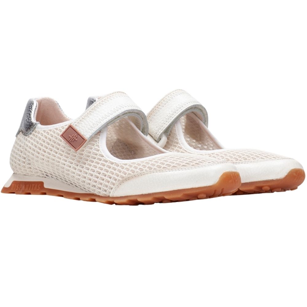 A pair of women's Mary Jane style shoes in off-white mesh and leather with brown rubber soles and a small brown brand tab on the side, shown against a plain white background.