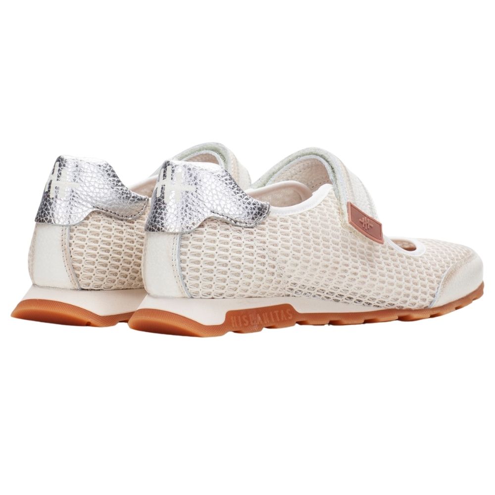 A pair of women's Mary Jane style shoes in off-white mesh and leather with brown rubber soles and silver leather heel counters, shown against a plain white background.