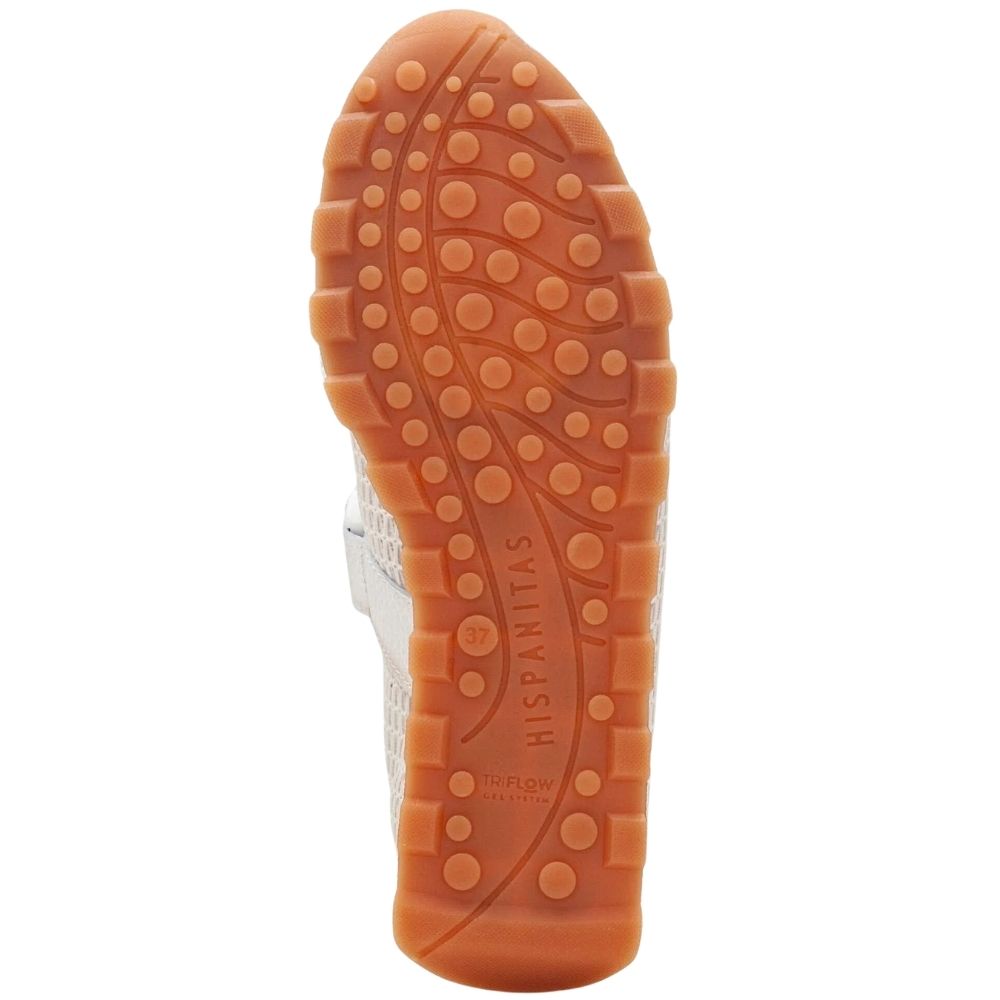 The brown outsole of a shoe, showing the tread pattern and embossed brand name 'HISPANITAS'.