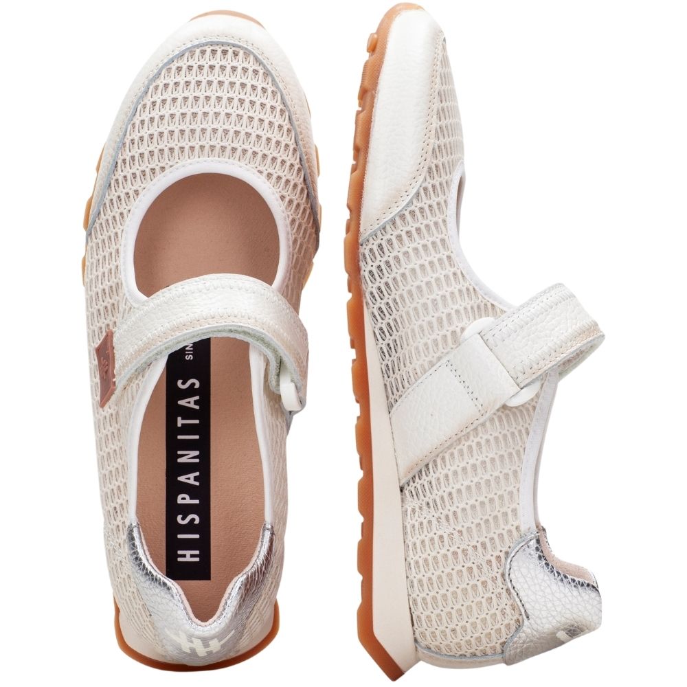 A pair of women's slip-on Mary Jane style shoes in white mesh and leather, shown from the top and side views on a white background. The brand name 'HISPANITAS' is visible on the insole.