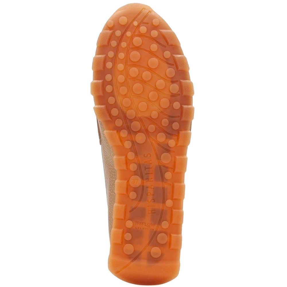 The brown outsole of a shoe, showing its tread pattern and 'HISPANITAS' branding, isolated on a white background.