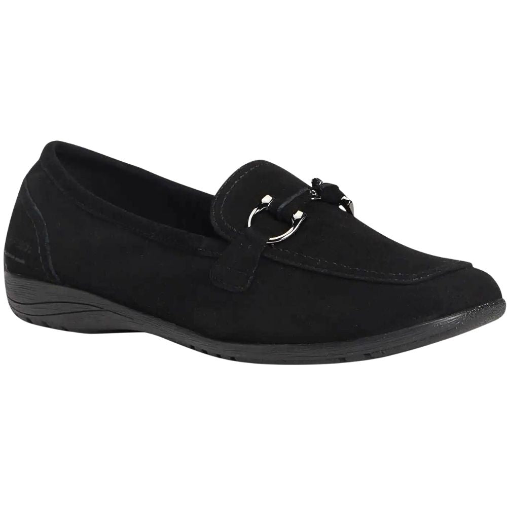 Black loafer shoe with a silver horse-bit buckle on a white background