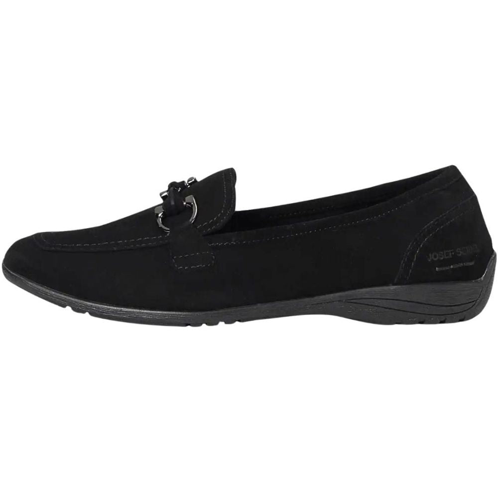 Black loafer shoe with a silver horse-bit buckle on a white background